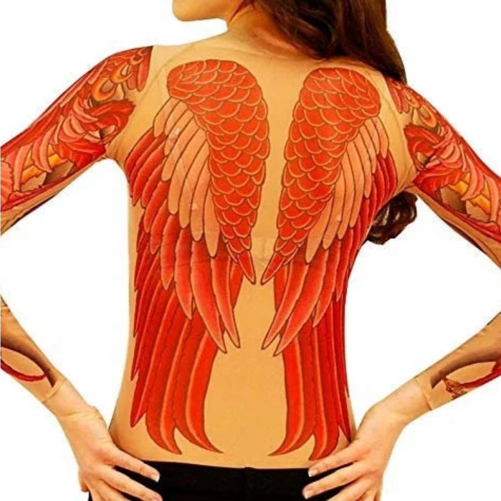 Wild Rose Phoenix Mythical Bird Tattoo Mesh Long Sleeve Top M